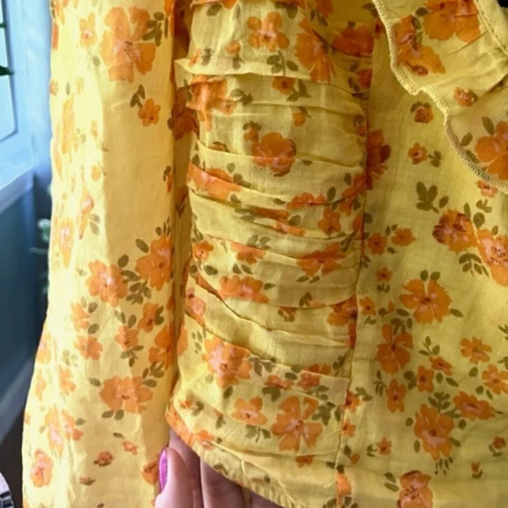 Free People Yellow Floral Print Blouse Ruffles Ruching Balloon Sleeve Small NWT